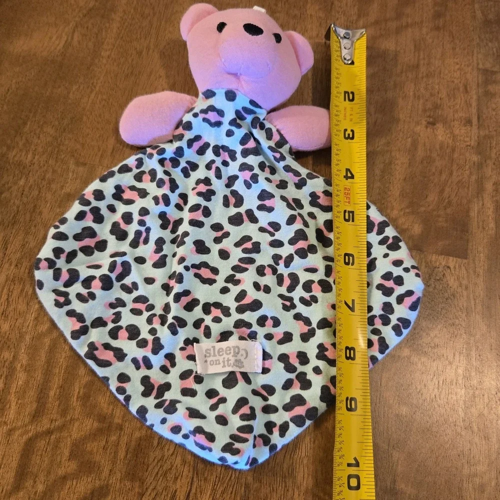Sleep On It Pink Bear Lovey Security Blanket Blue Pink Leopard Print Knot Corner